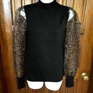 Siani Black Sweater with Sheer Animal Print Sleeves Women's Small NWT